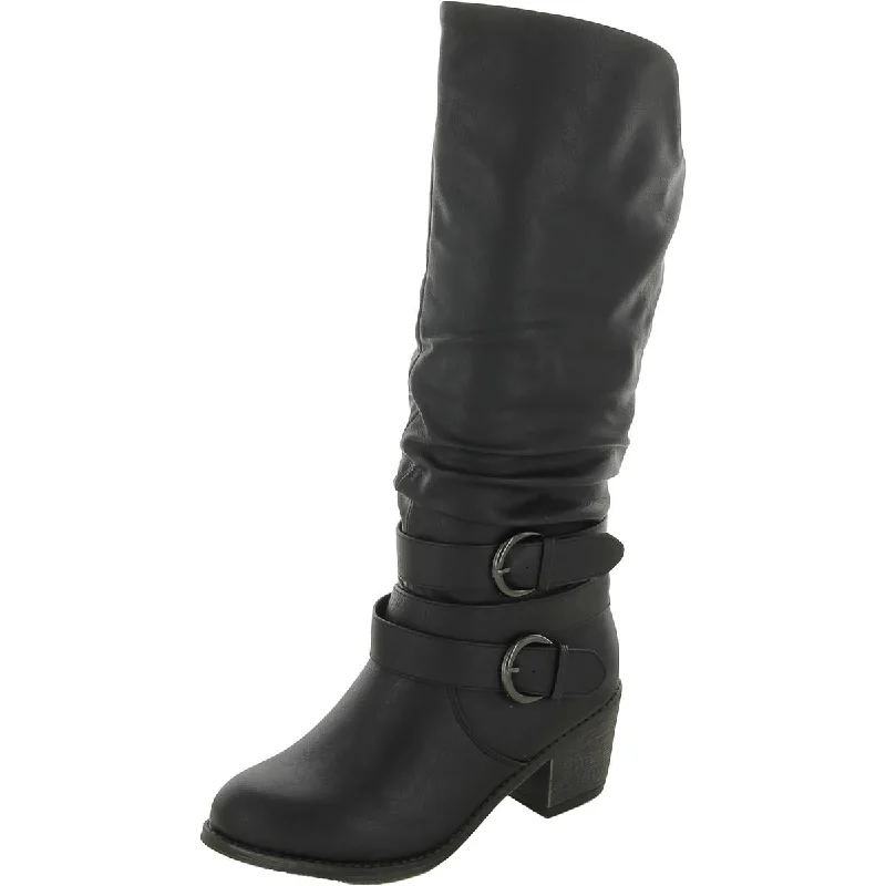 Womens Faux Leather Pull On Mid-Calf Boots