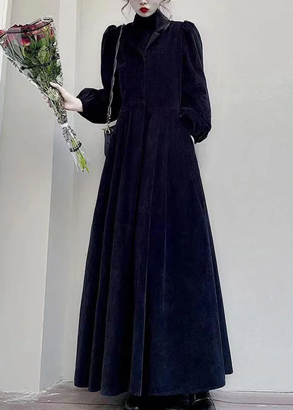 Loose Black Turtleneck Pockets Patchwork Corduroy Maxi Dress Fall LY9126