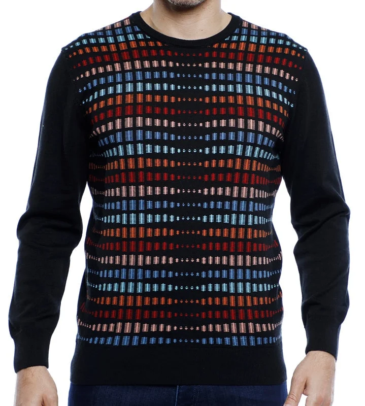 Huge savings on popular clothing styles –  Black Crewneck with Multi Color Design