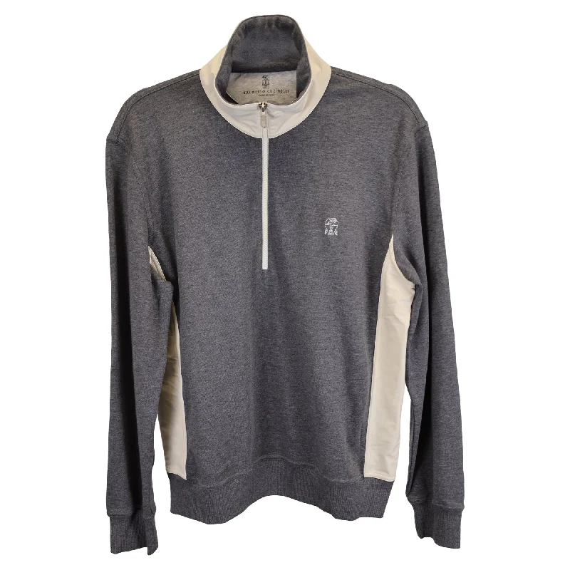 Shop now and save up to 40% on men’s wardrobe essentials. Brunello Cucinelli Half Zip Sweatshirt in Grey Cotton Shop now and save up to 40% on men’s wardrobe essentials. Brunello Cucinelli Half Zip Sweatshirt in Grey Cotton