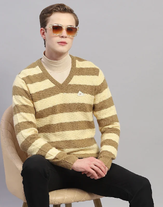 Shop exclusive offers on men’sapparel   Men Beige Stripe V Neck Full Sleeve Pullover