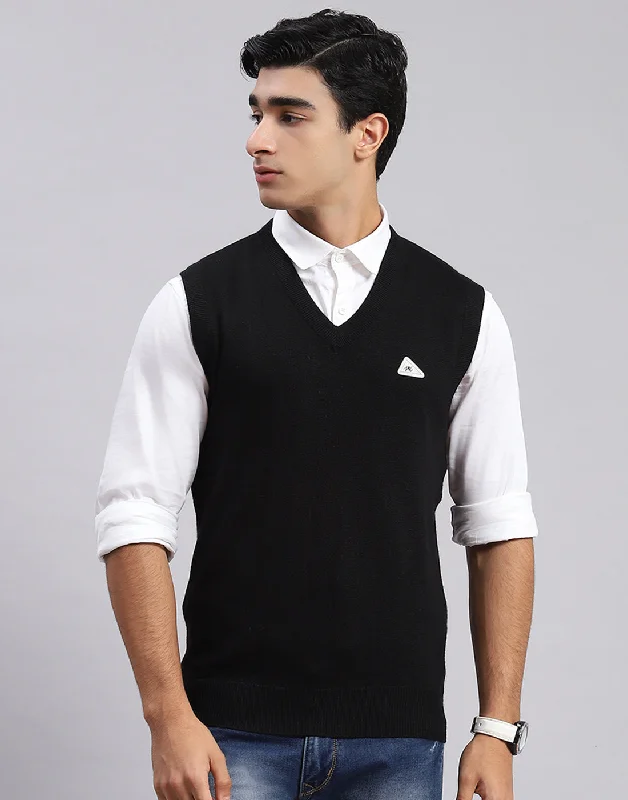 Shop new arrivals in clothing and save –  Men Black Solid V Neck Sleeveless Sweater