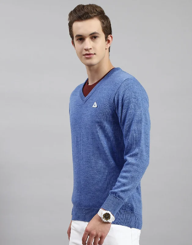 Limited-time offer!  Men Blue Solid V Neck Full Sleeve Pullover