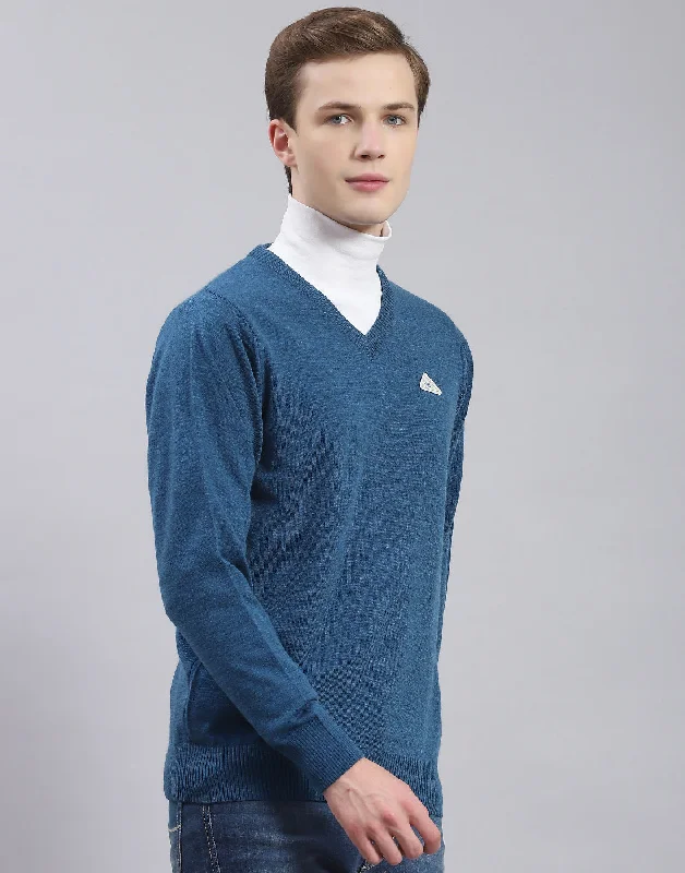Shop exclusive offers on men’sapparel   Men Blue Solid V Neck Full Sleeve Pullover