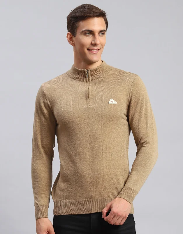 Seasonal sale  Men Brown Solid High Neck Full Sleeve Pullover
