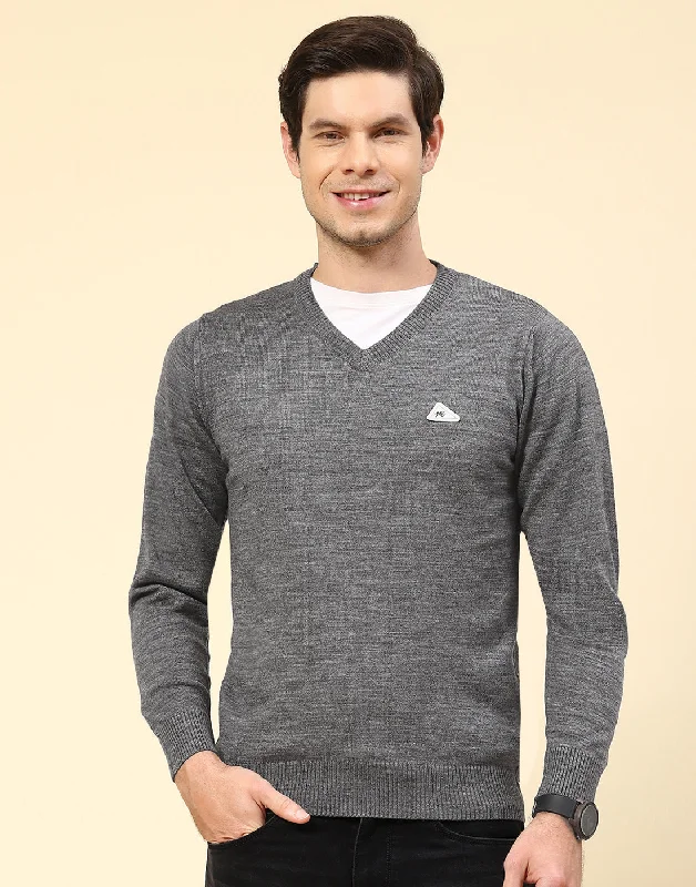 Shop stylish and affordable clothes –   Men Grey Solid V Neck Full Sleeve Pullover