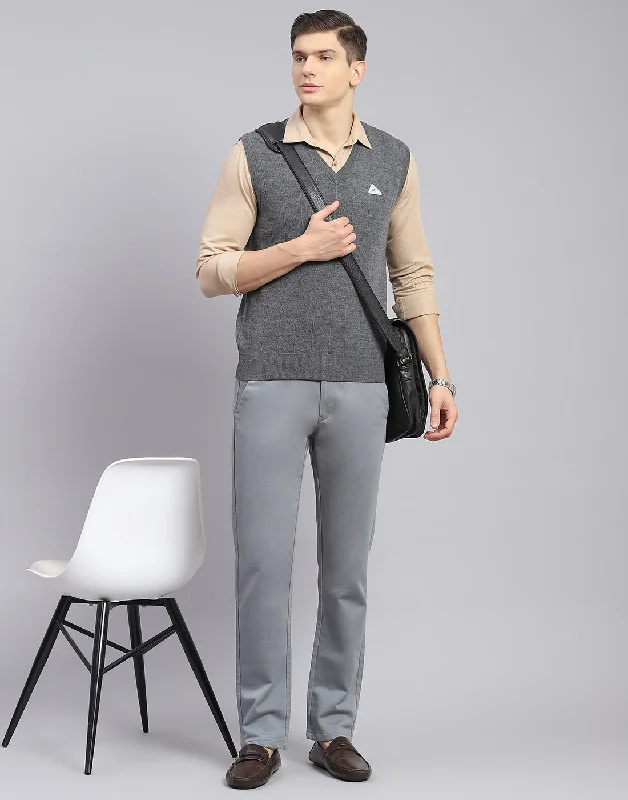 Shop exclusive offers on men’sapparel   Men Grey Solid V Neck Sleeveless Sweater