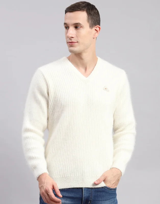 Refresh your wardrobe with the best deals on men's fashion.  Men Off White Solid V Neck Full Sleeve Pullover