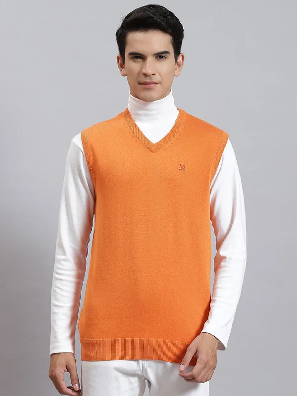 Shop clothing essentials at a fraction of the price – Men Orange Solid V Neck Sleeveless Sweaters/Pullovers Shop clothing essentials at a fraction of the price – Men Orange Solid V Neck Sleeveless Sweaters/Pullovers