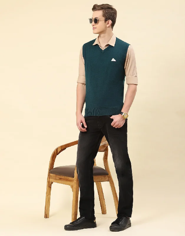 Shop now and save up to 40% on men’s wardrobe essentials.  Men Teal Blue Solid V Neck Sleeveless Sweater