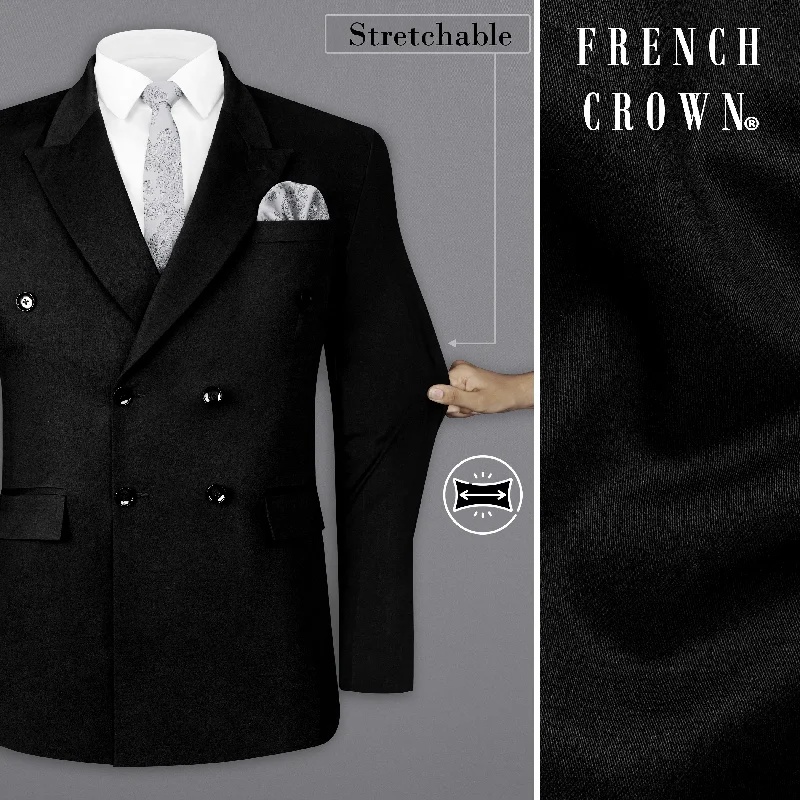 Upgrade your wardrobe with stylish men's apparel – now on sale! Jade Black Solid Stretchable Premium Cotton Double Breasted traveler Blazer Upgrade your wardrobe with stylish men's apparel – now on sale! Jade Black Solid Stretchable Premium Cotton Double Breasted traveler Blazer