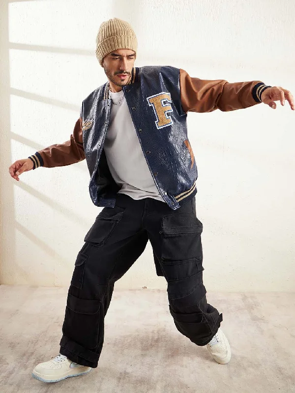 Get 20% off your first order of men’s fashion.  Navy Pu Croc Varsity Jacket