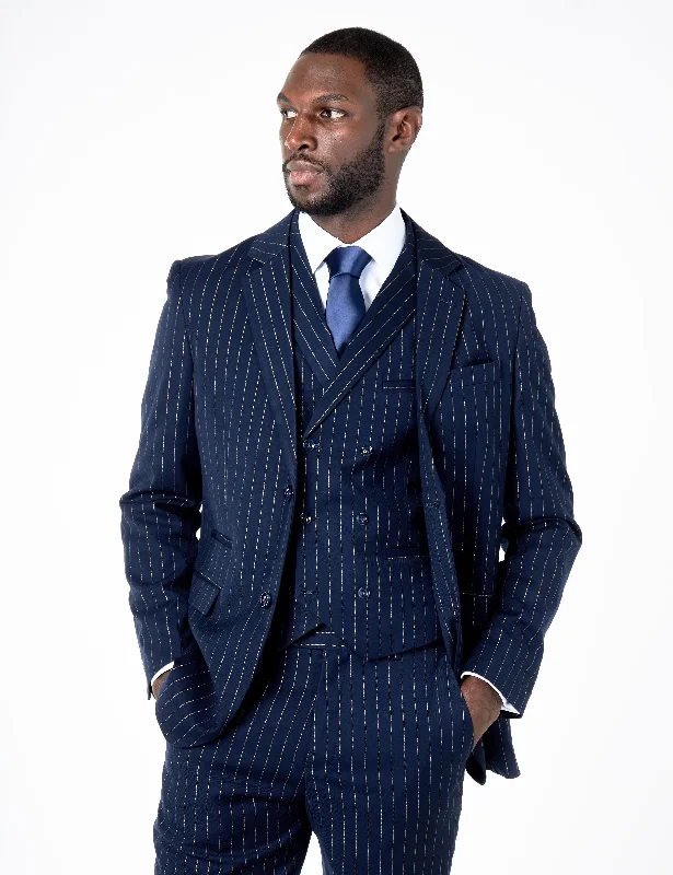 Shop stylish men’s clothing and enjoy amazing discounts.  NEIL - NAVY DOUBLE BREASTED GOLD PINSTRIPE JACKET
