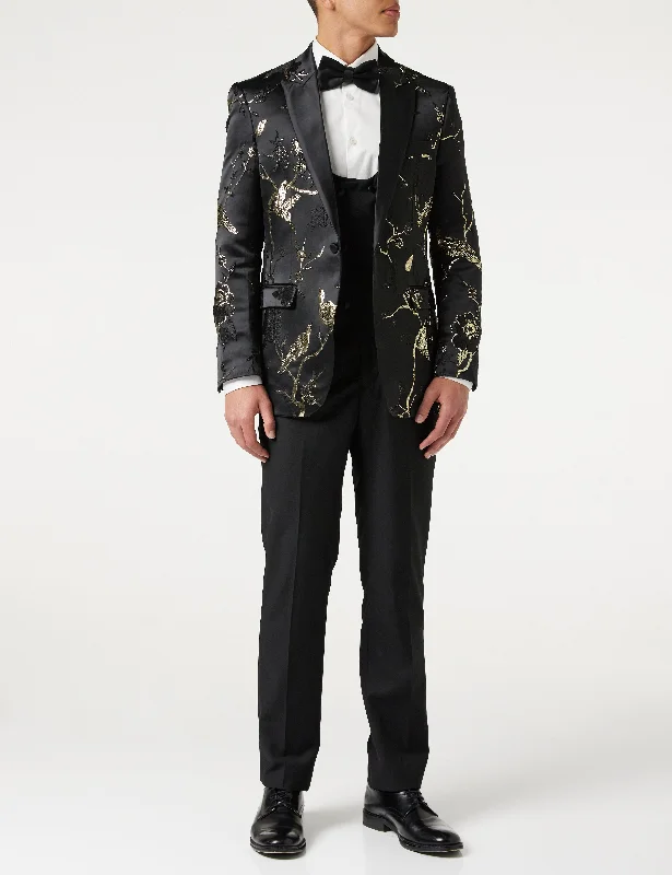 Flash deals on men’s  clothing – Grab yours today!  TUXEDO BLACK GOLD FLORAL BLAZER