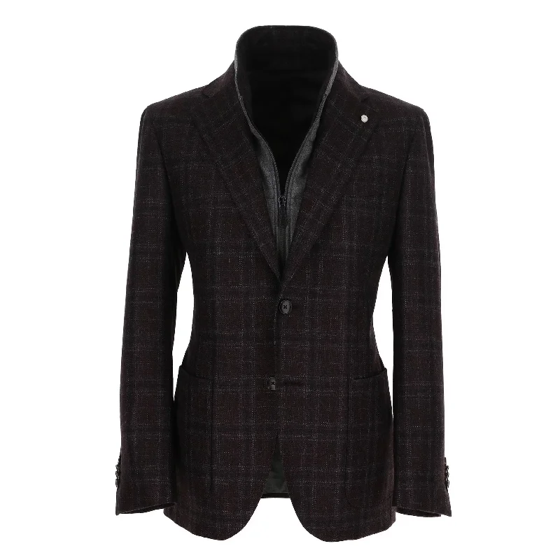 Save big on men’s casual wear – today only!  Wine & Gray Check Wool Hybrid Sport Jacket with Bib - Luigi Bianchi