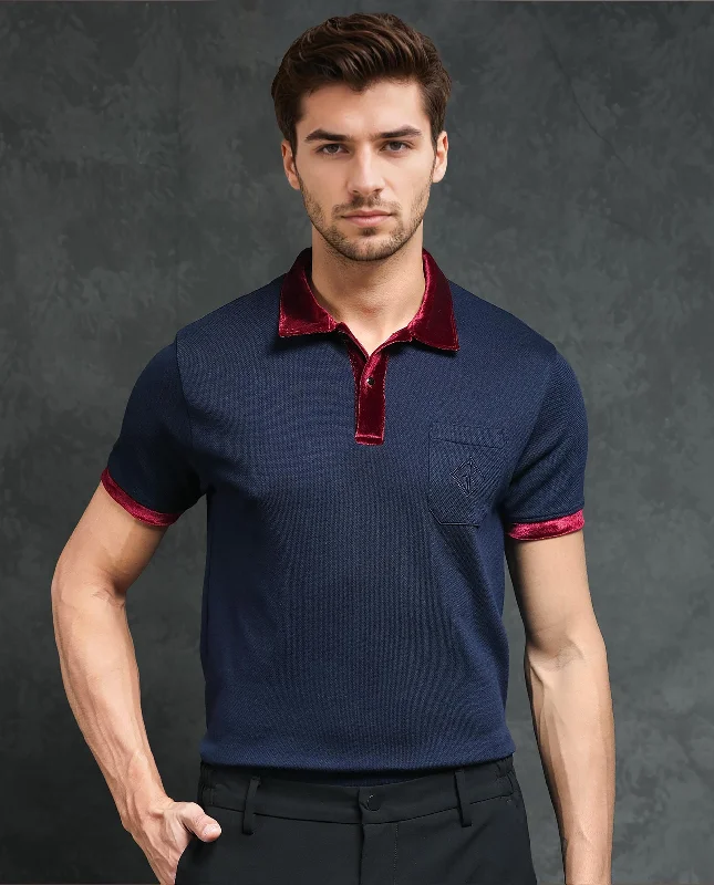 Special offer: Save on everyday clothing essentials – Shop now! Rare Rabbit Men's Danil Navy Cotton Fabric Contrast Detailing Velvet Collar And Sleeves Half Sleeve Polo T-Shirt Special offer: Save on everyday clothing essentials – Shop now! Rare Rabbit Men's Danil Navy Cotton Fabric Contrast Detailing Velvet Collar And Sleeves Half Sleeve Polo T-Shirt