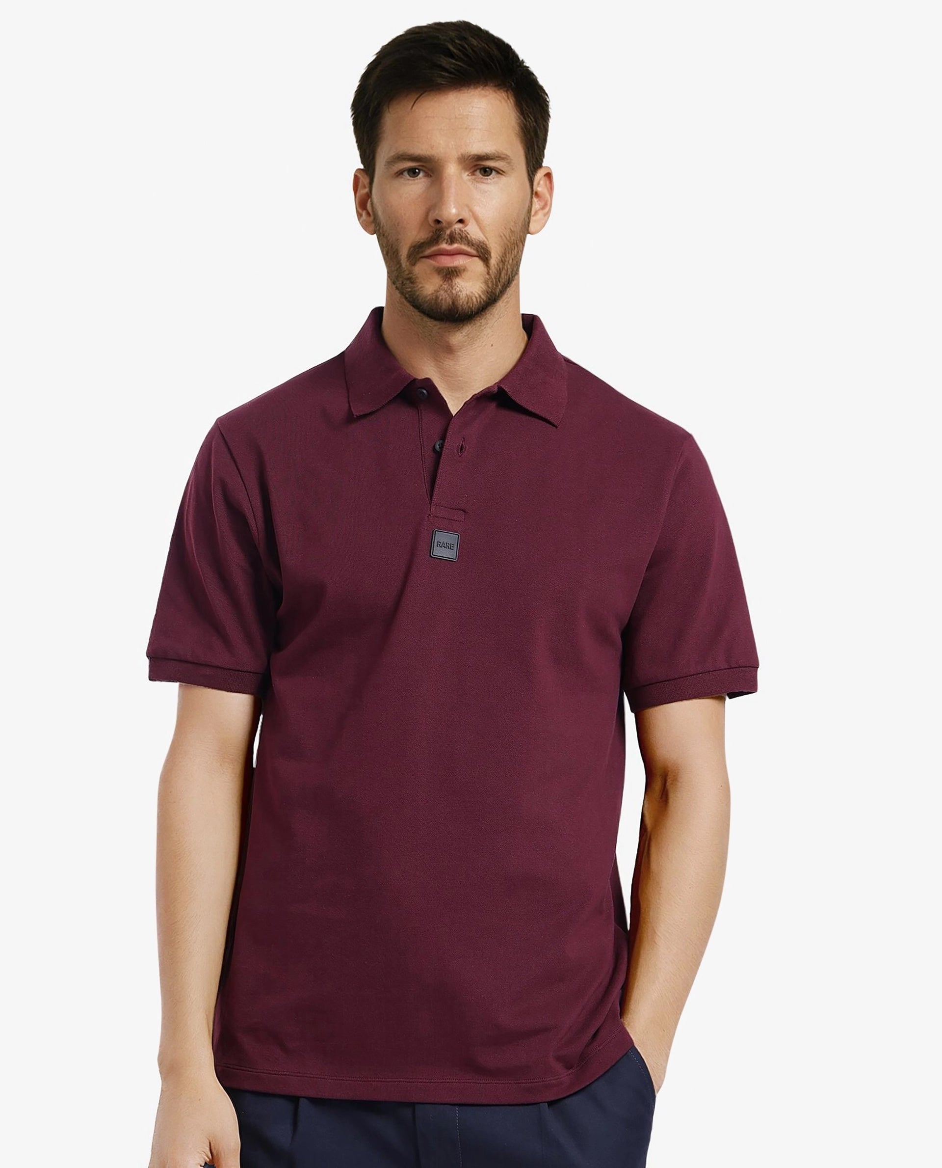 Shop stylish and affordable clothes – Rare Rabbit Men Mabe Maroon Short Sleeve Regular Collar Silicone Badge Branding Flat Knit Plain Polo Shop stylish and affordable clothes – Rare Rabbit Men Mabe Maroon Short Sleeve Regular Collar Silicone Badge Branding Flat Knit Plain Polo