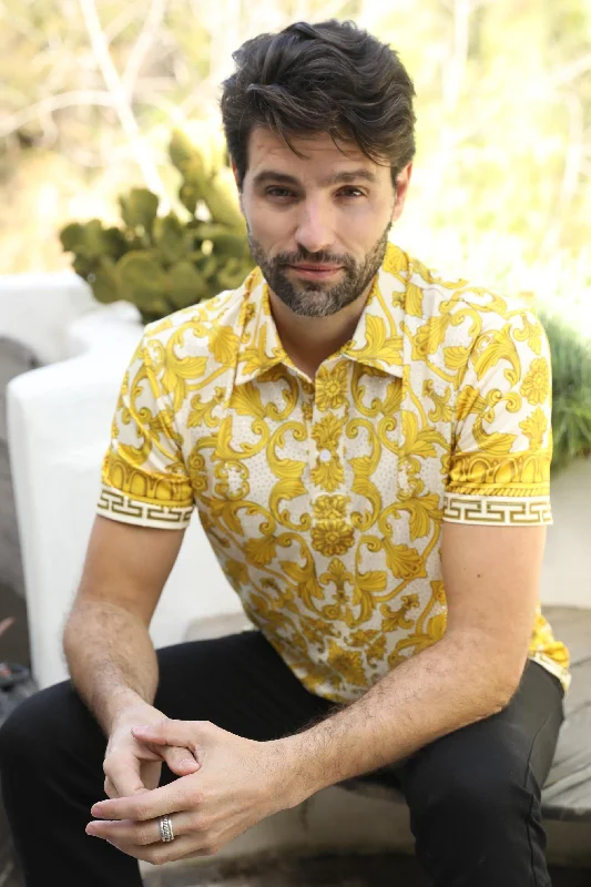 Flash sale: Save big on men's clothing this weekend! Mens Modern Fit Stretch Baroque Print Polo with Rhinestones Flash sale: Save big on men's clothing this weekend! Mens Modern Fit Stretch Baroque Print Polo with Rhinestones