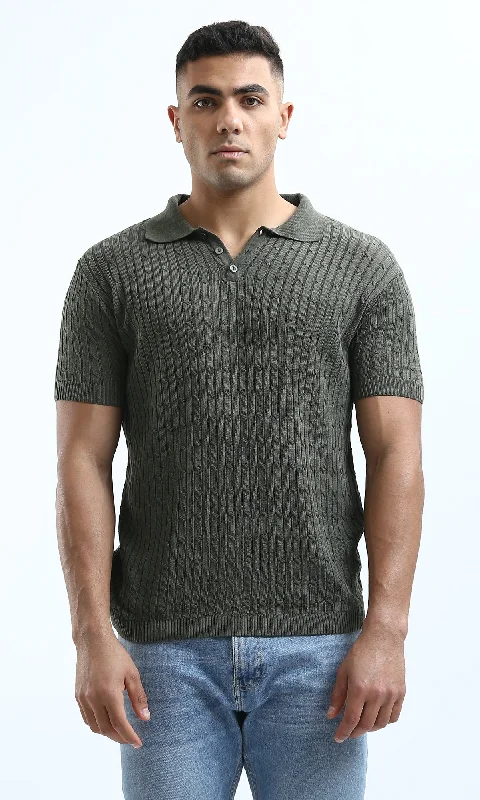 Seasonal sale  O183064 Self-Pattern Short Sleeves Dark Olive Polo Shirt