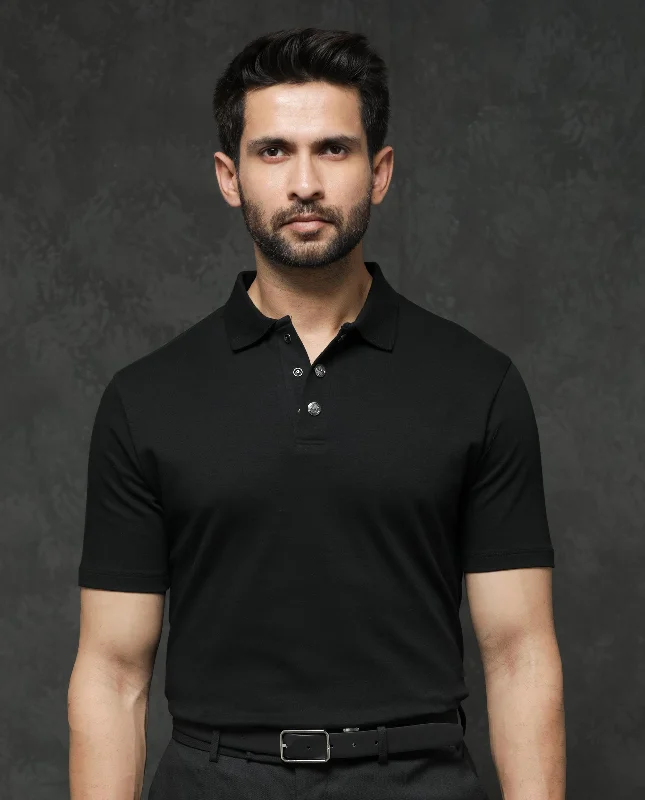 Shop exclusive offers on men’sapparel Rare Rabbit Mens Tang Black Short Sleeve Regular Collar Button Closure Plain Polo Shop exclusive offers on men’sapparel Rare Rabbit Mens Tang Black Short Sleeve Regular Collar Button Closure Plain Polo