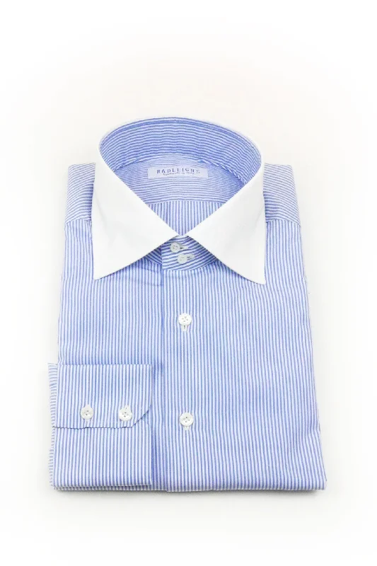 Get 25% off select men’s clothing when you shop online!  James Double Button Collar in Blue Stripe with Contrast Collar
