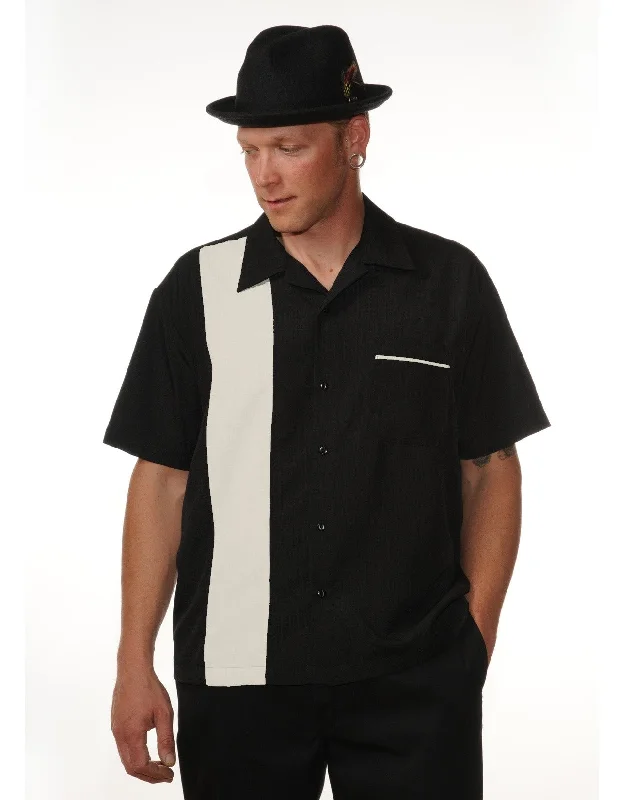 Shop our men's clothing collection for the best prices of the season. PopCheck Single Panel Bowling Shirt in Black/Cream Shop our men's clothing collection for the best prices of the season. PopCheck Single Panel Bowling Shirt in Black/Cream