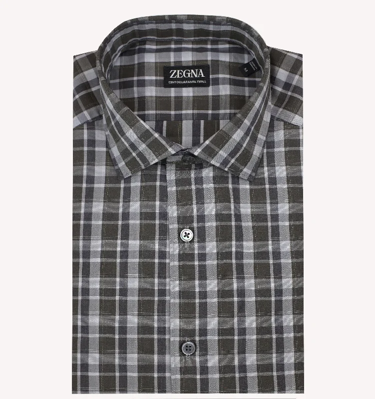 Get 20% off your first order of men’s fashion.  Zegna Check Sport Shirt in Olive