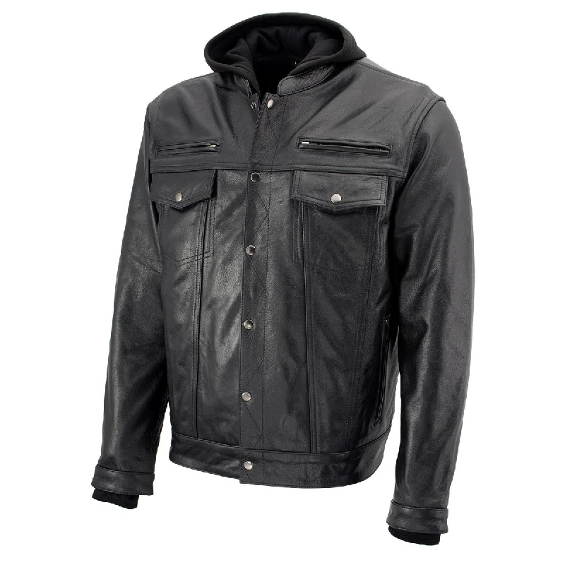 Shop stylish and affordable clothes – Xelement XS1025 Men’s 'Cross Rake' Black Snap Front Leather Shirt Jacket with Removable Hoodie Shop stylish and affordable clothes – Xelement XS1025 Men’s 'Cross Rake' Black Snap Front Leather Shirt Jacket with Removable Hoodie